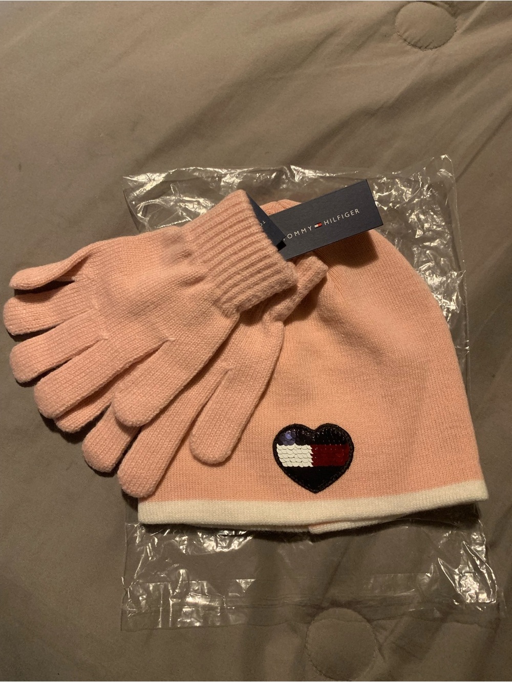 Tommy Hilfiger Kids Light Pink Beanie and Glove Set with Sequin Heart